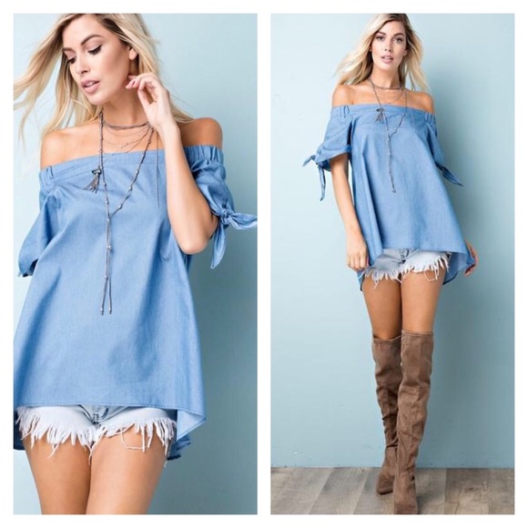 Belle Âme Janice Boutique Tops - Off the Shoulder Chambray Tunic Top Belle Âme Janice Boutique Tops - Off the Shoulder Chambray Tunic Top